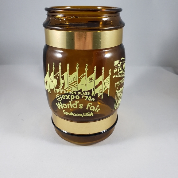 World's Fair Expo '74 Spokane, WA Brown Glass Barrel Mug with Wood Handle - Picture 3 of 5